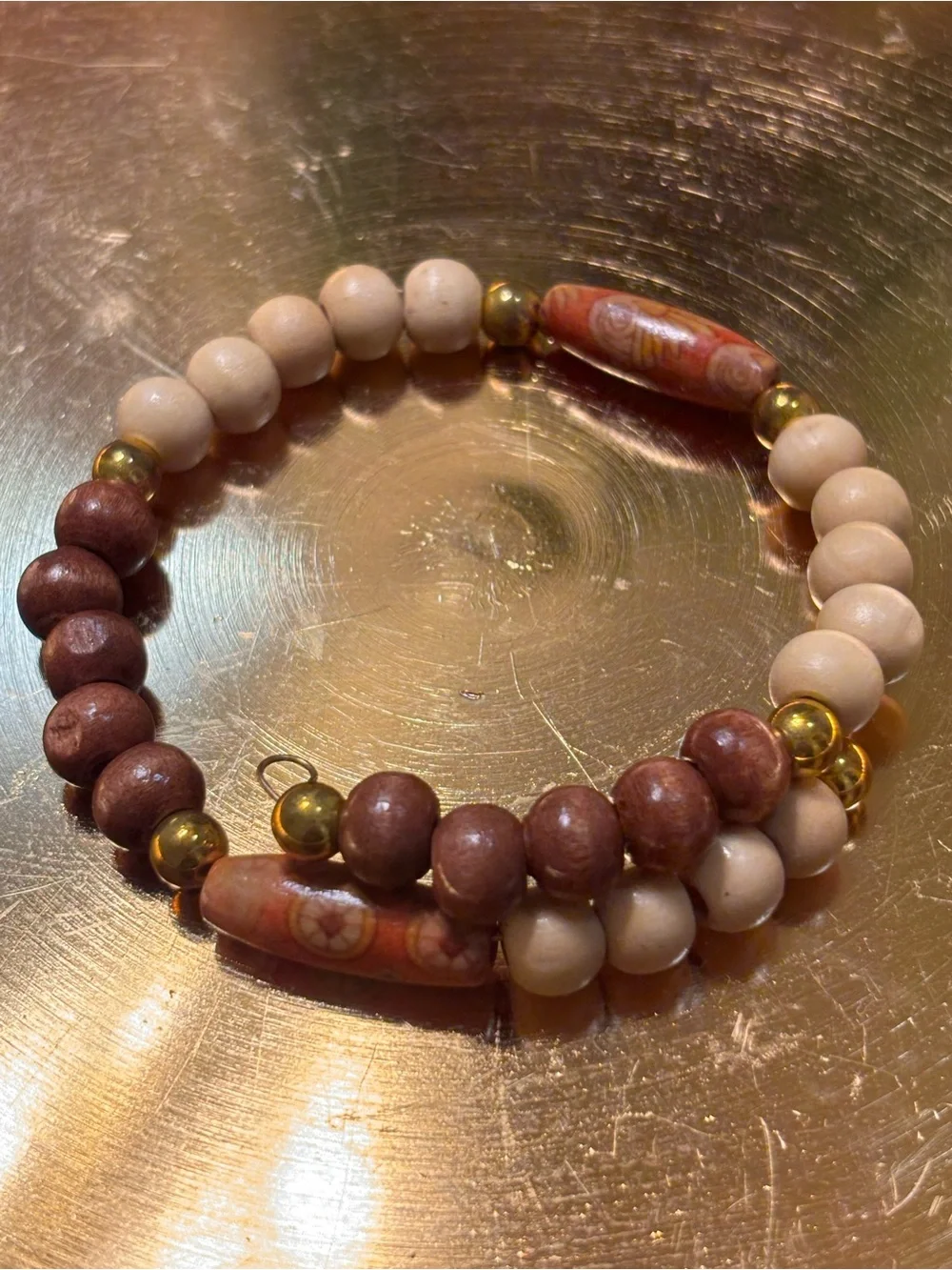Neutral Brown & Cream Beaded Bracelet with Gold Accents